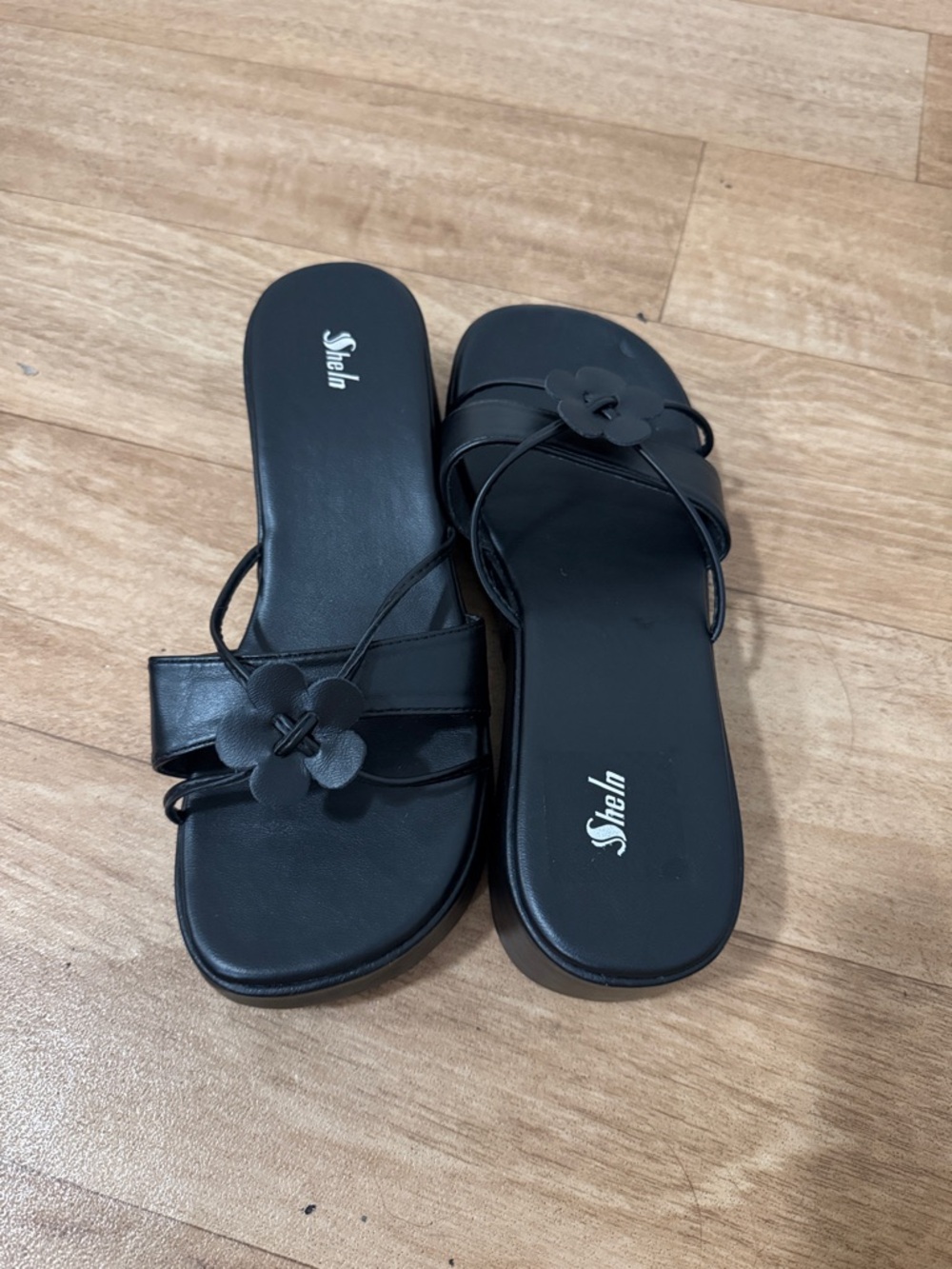 SheIn Black Floral Strap Slide Mules